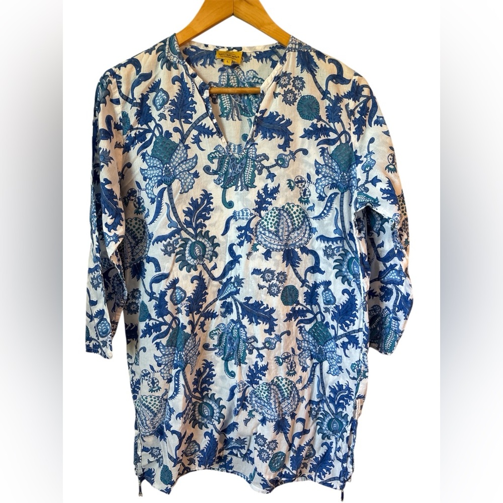 Roberta Roller Rabbit Blue Floral Tie-Neck Tunic